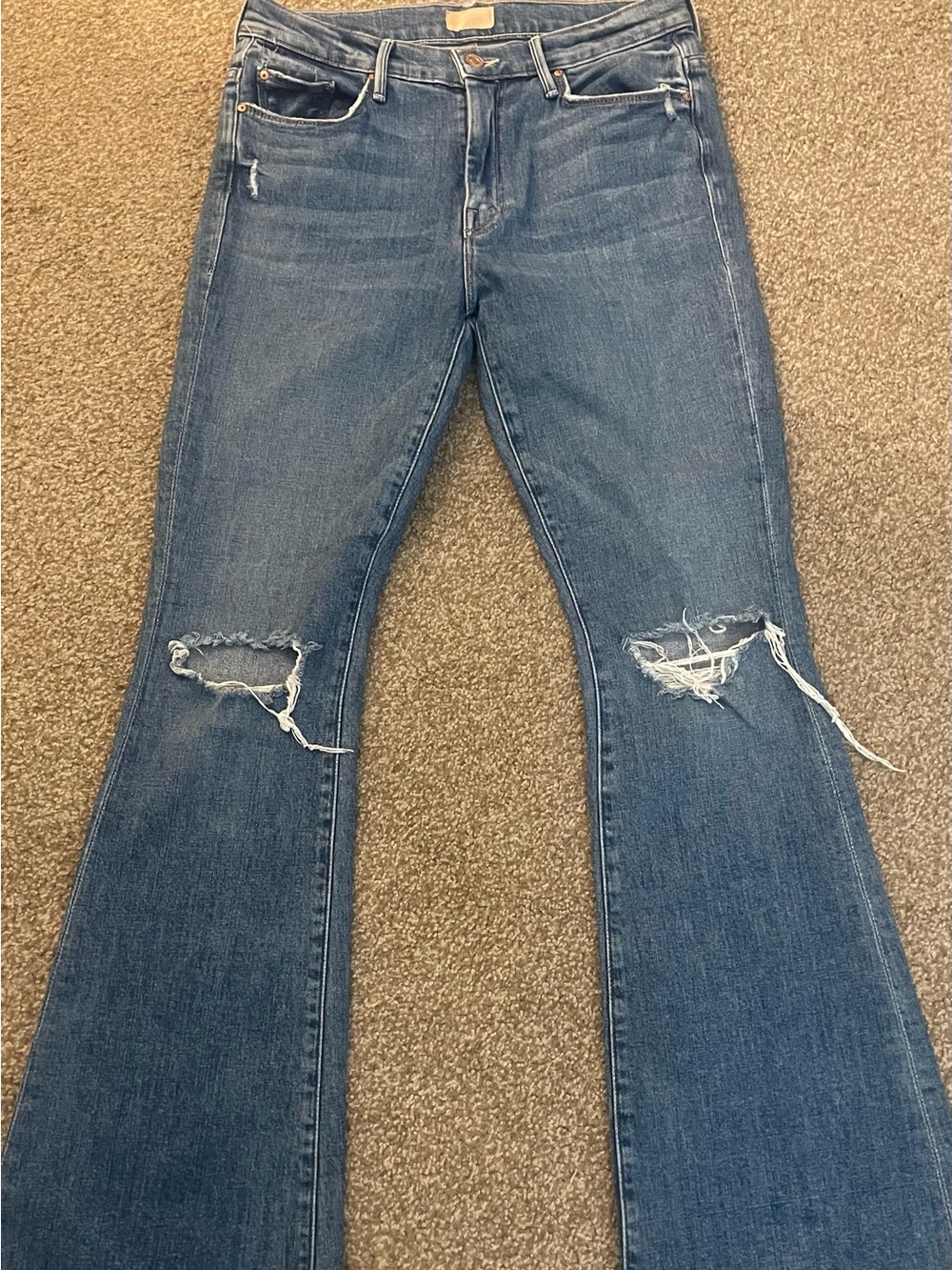 MOTHER Distressed Flare Jeans in Blue Denim